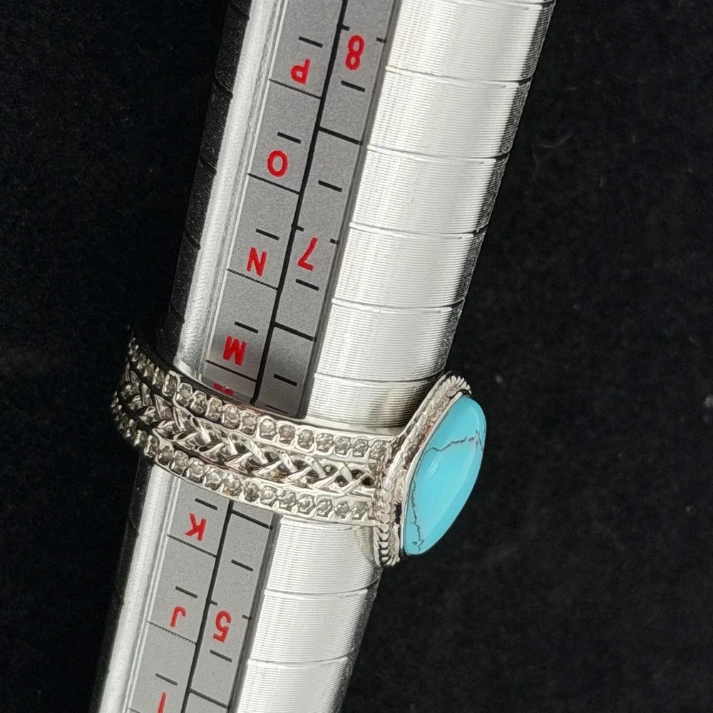 Bomb Party Farmhouse Chic Turquoise Pear Ring Silver Tone Braided Band Size 6.25